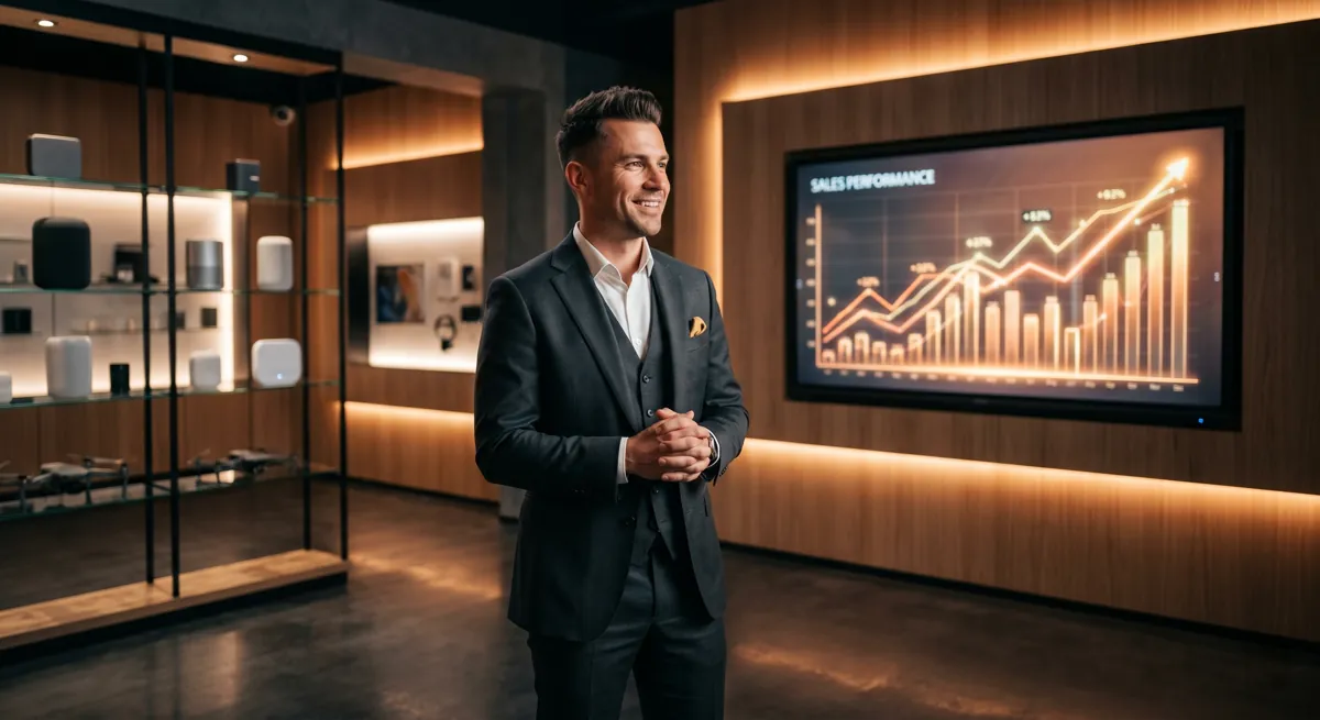 Unternehmer im Showroom mit steigenden Verkäufen auf dem neuen Otto-Kanal